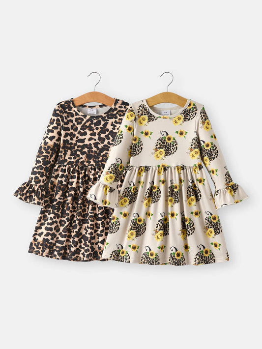 Pumpkin Leopard Print Autumn Girls Ruffle Two-Piece Dress: 5/6Y