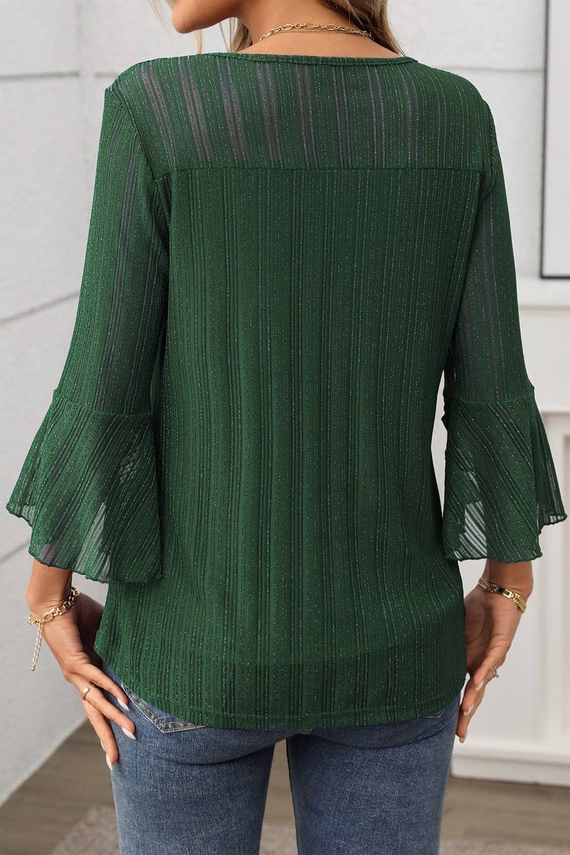 CWTBLL3696_ROUND NECK RUFFLE SLEEVE GLITTER MESH TOP: NAVY / (S) 1