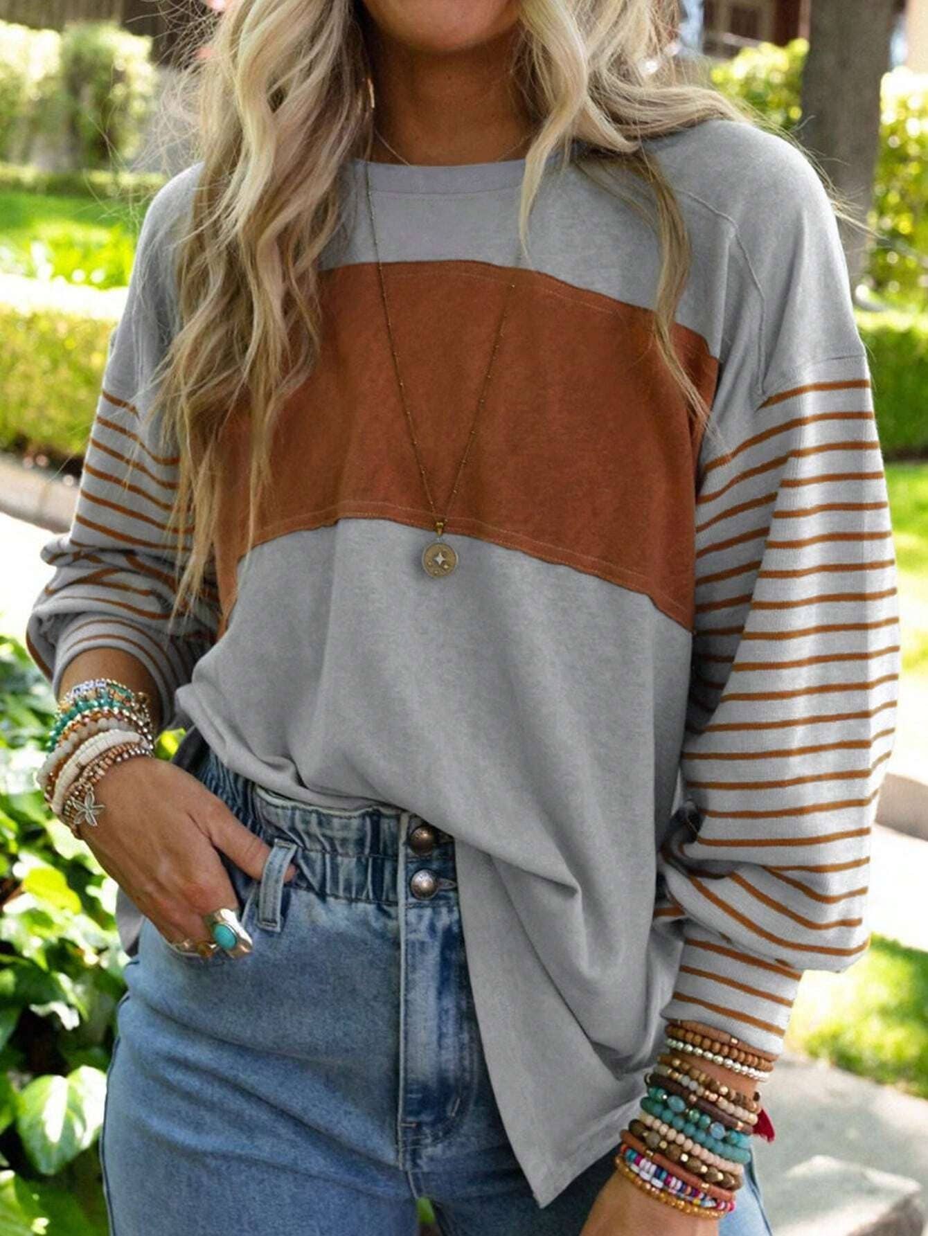 Colorblocked fall sloucy striped long-sleeved sweatshirts: Green / S