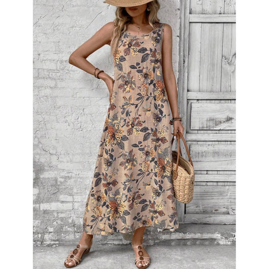 Summer Sleeveless Floral Print Round Neck Dress ZK2695: Multi / 2XL