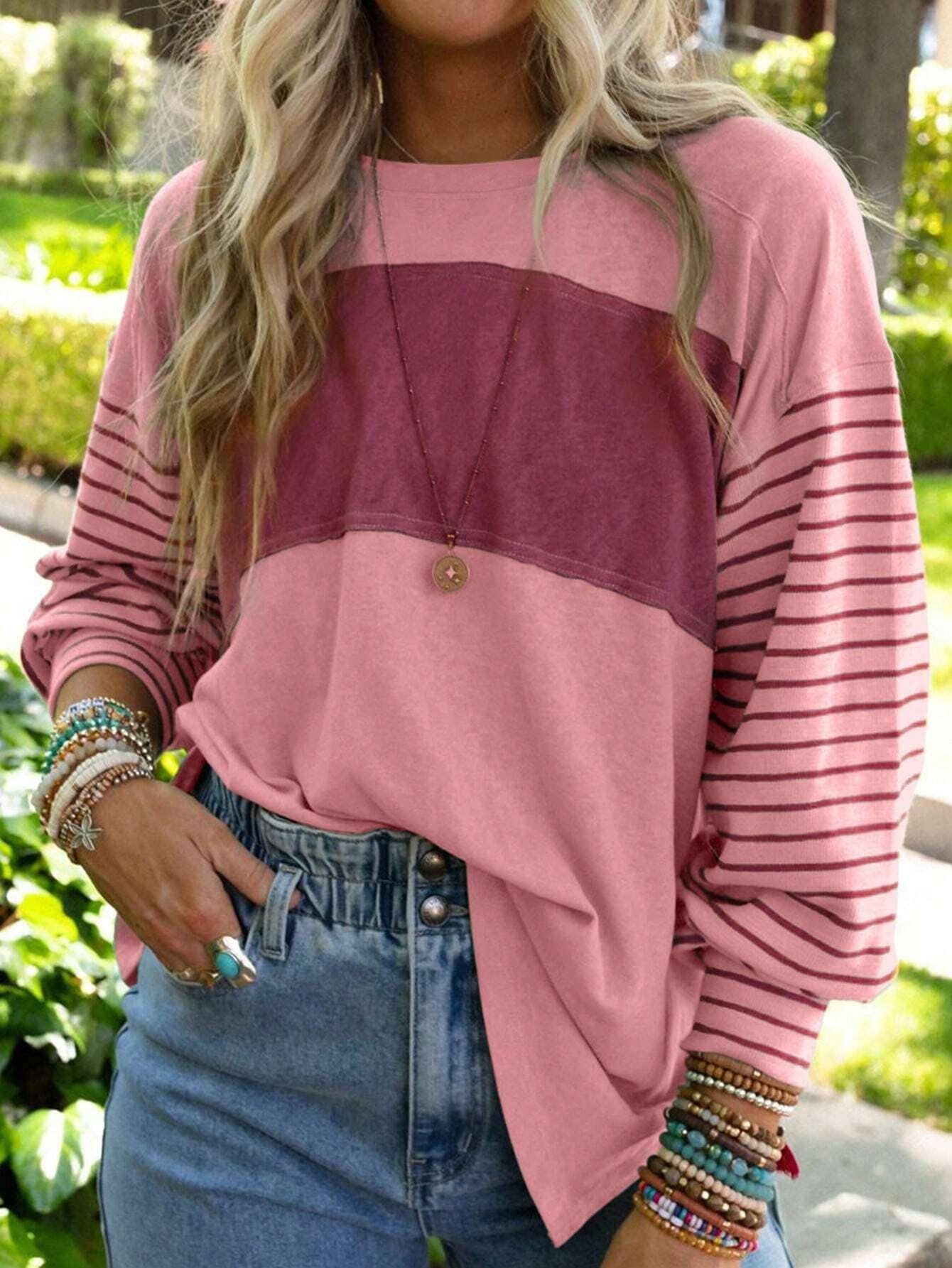 Colorblocked fall sloucy striped long-sleeved sweatshirts: Green / 2XL