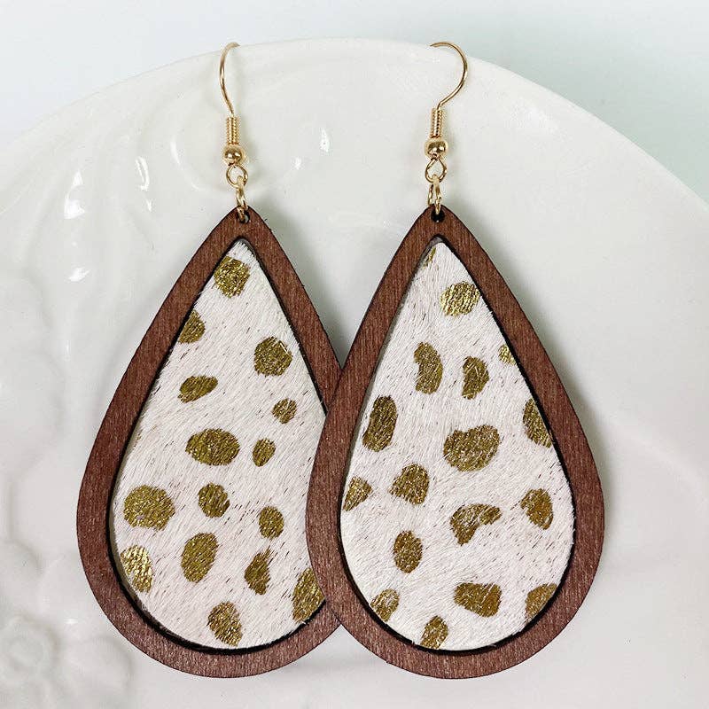 Leopard-print Horsehair Cowhide Wooden Drop Earrings - WJ: 2