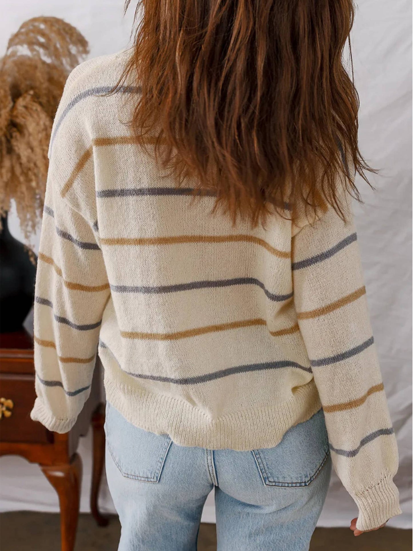 Colorful Striped Pullover Long Sleeved Sweater: Beige / XL