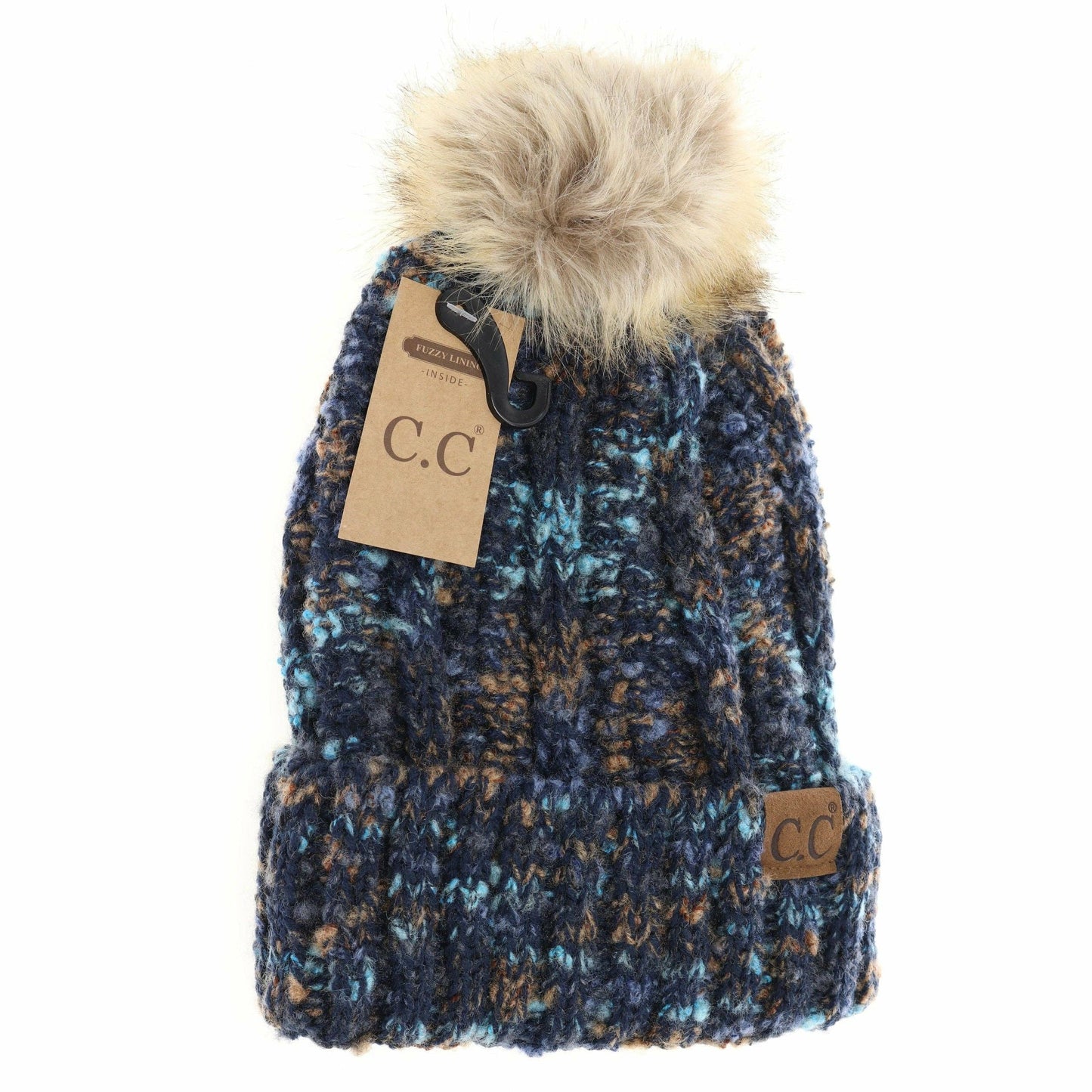 Fuzzy Lined Popcorn Confetti Fur Pom CC Beanie YJ824: Beige Multi
