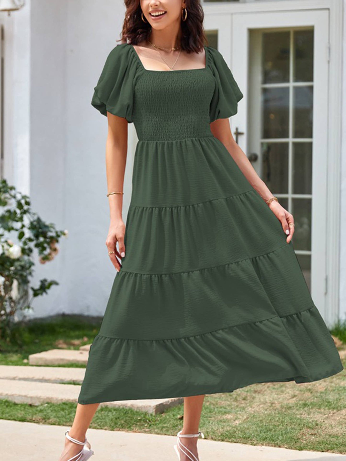 Square Necked Backless Short Sleeved Dress: Pink / XL