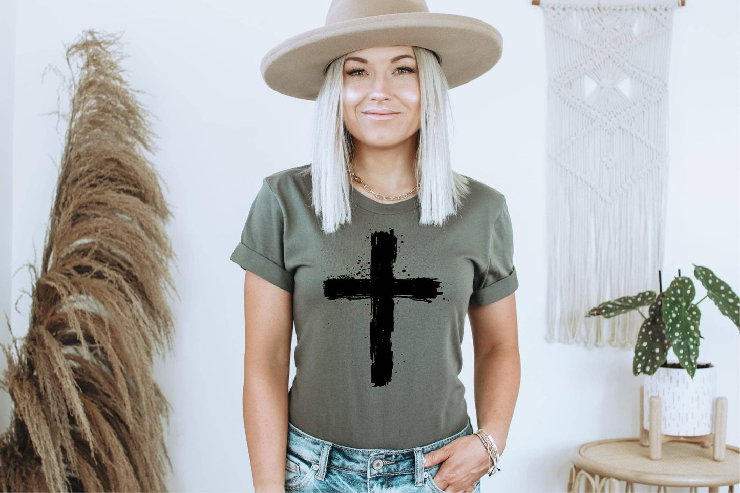 Christian Distressed Cross Olive Bella Everyday Graphic Tee: 2X