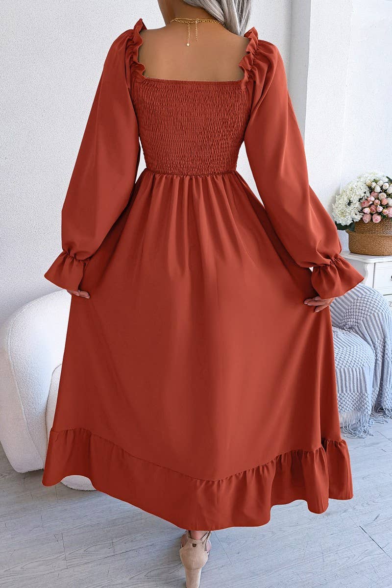 SQUARE NECK LARGE SWING FLOUNCES LONG DRESS_CWDMD1165: RED / (M) 1