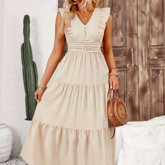Trim jacquard dress with ruffles: APRICOT / (L) 1