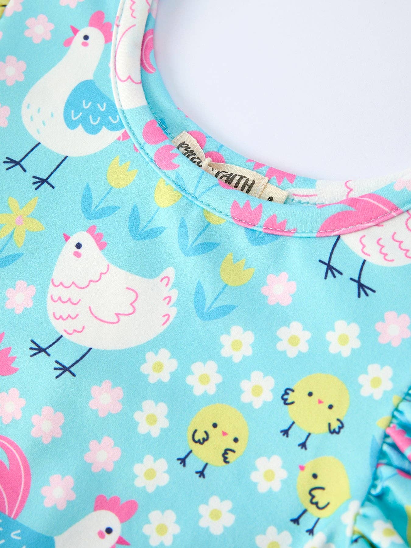 Aqua Spring Chicken Floral Farm Print Girls Dress: 2