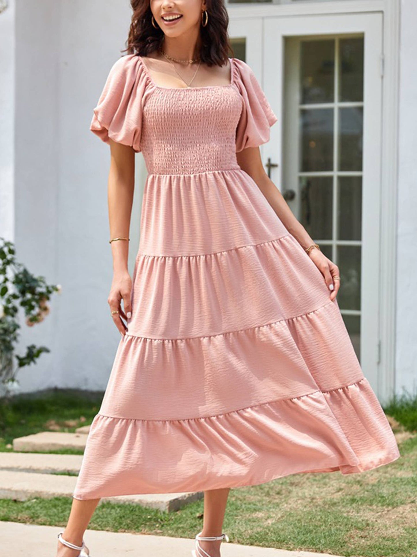 Square Necked Backless Short Sleeved Dress: Pink / XL