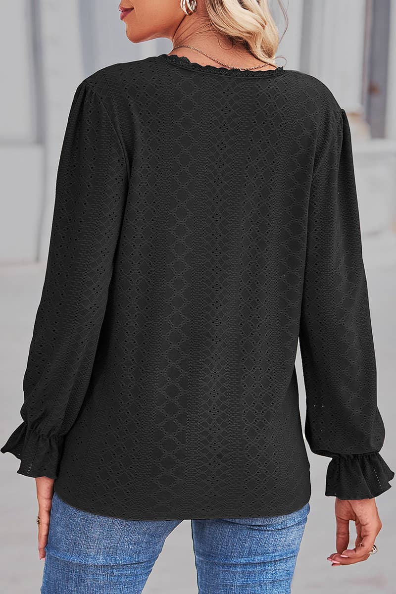 WOMEN LACE TRIM NECK EYELET LONG SLEEVE SHIRT TOP_CWTSTL0301: MAUVE / (M) 1