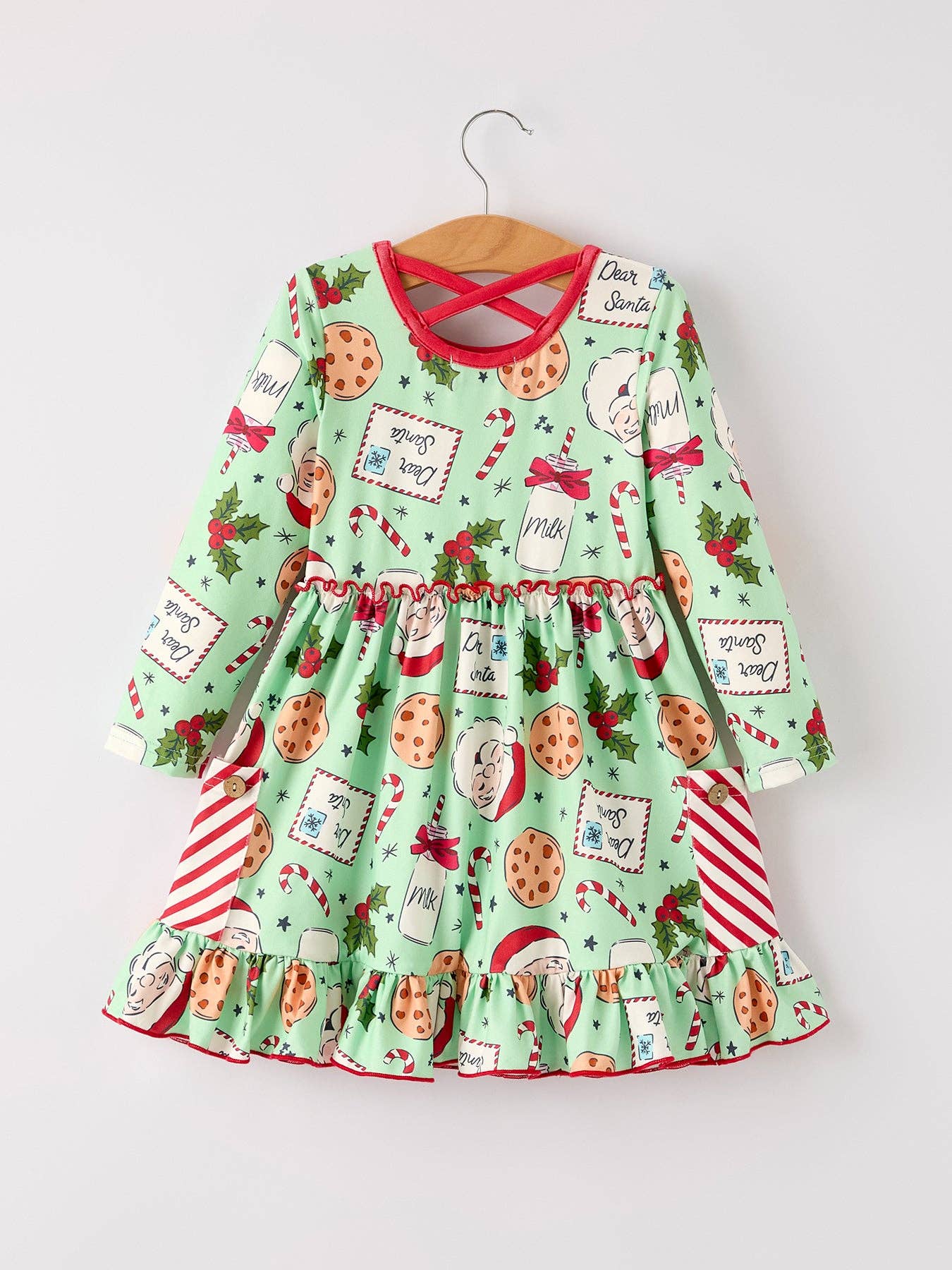 Winter Christmas Green Santa Girls Pocket Ruffle Dress: 4