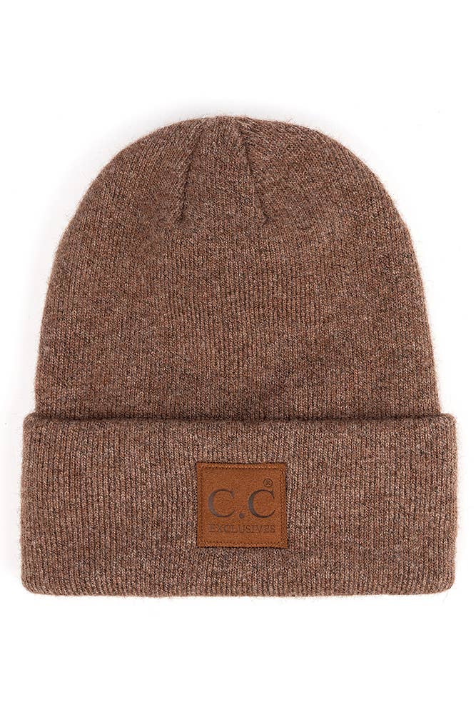 C.C Heather Knit Suede Patch Beanie Winter Hat: Beige