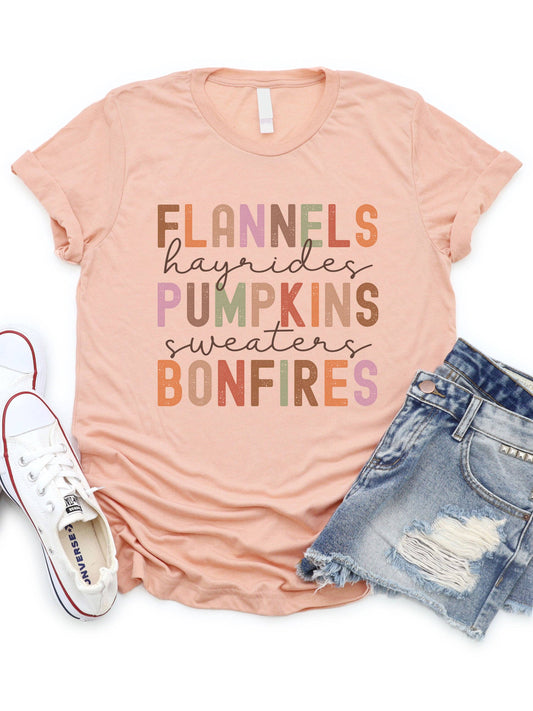Flannels Pumpkin Bonfires Fall Things Graphic Tee: Peach / XL