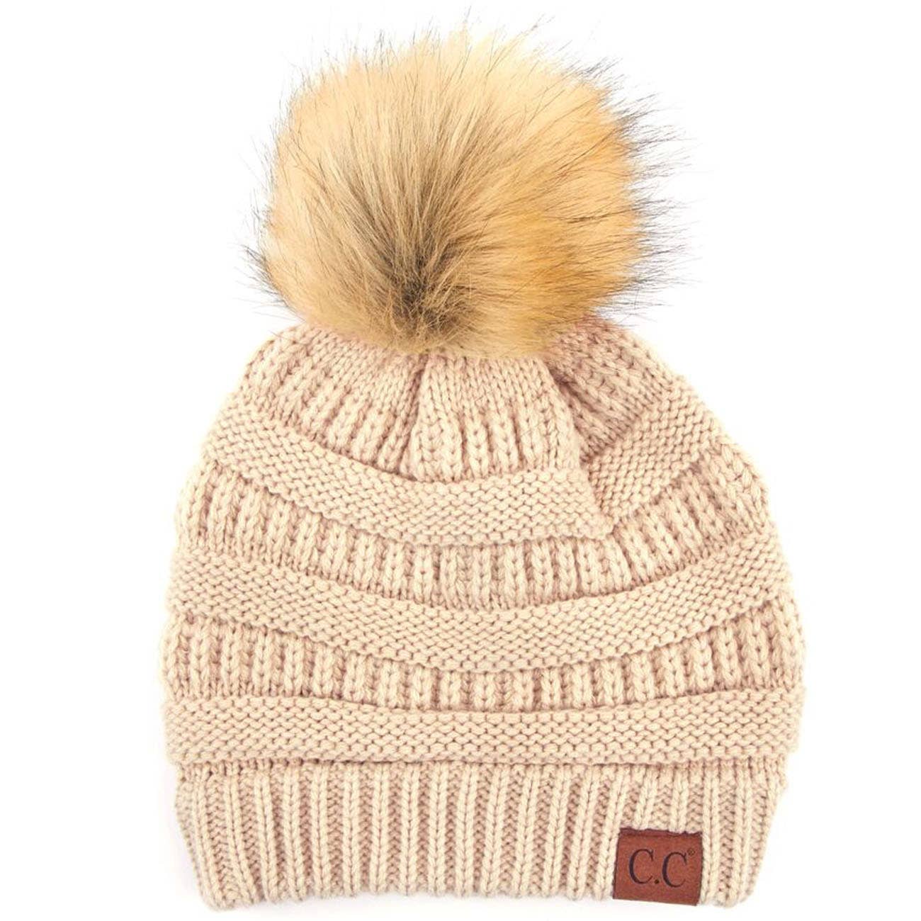 C.C Solid Ribbed Knit Beanie With Pom: Monaco