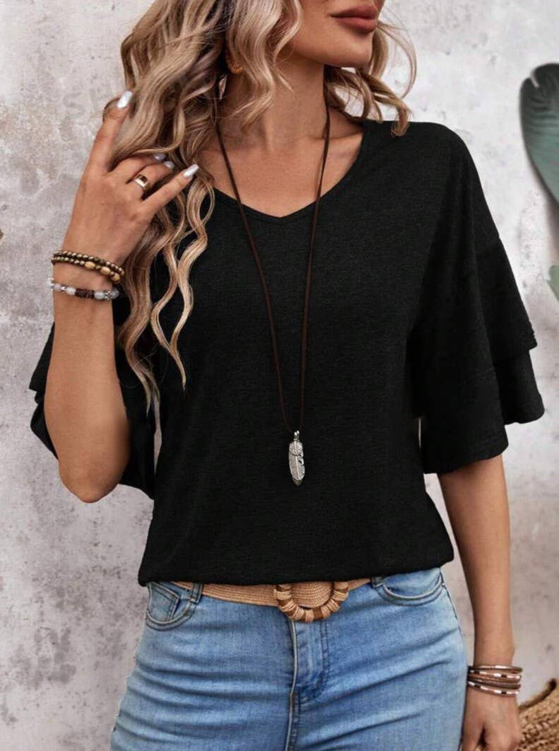 Summer V-Neck Ruffle Sleeve Loose Short-Sleeved T-Shirt: Camel / L