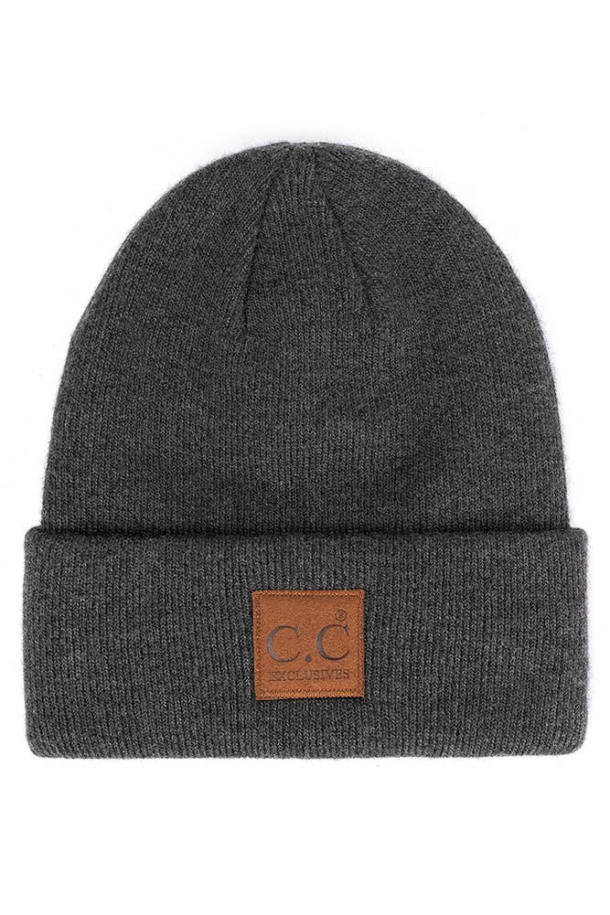 C.C Heather Knit Suede Patch Beanie Winter Hat: Beige
