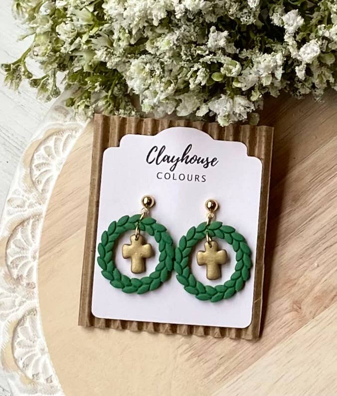 Cross Clay Earrings : Cross with Flower