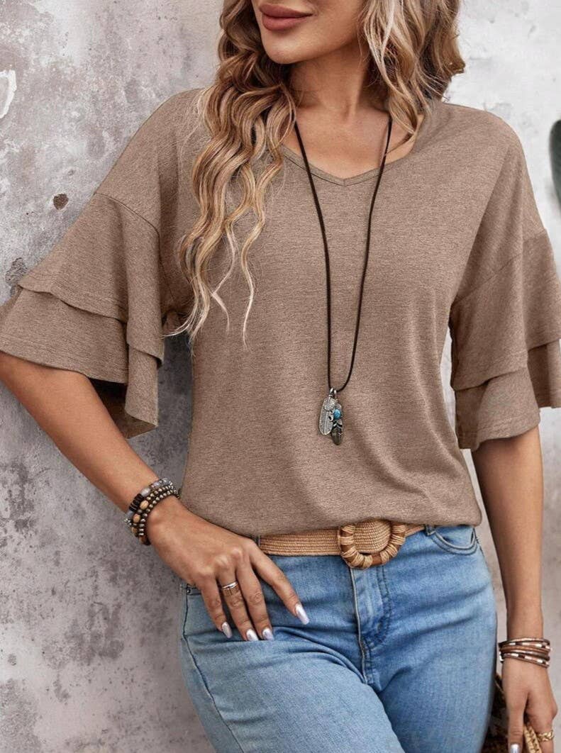 Summer V-Neck Ruffle Sleeve Loose Short-Sleeved T-Shirt: Camel / S
