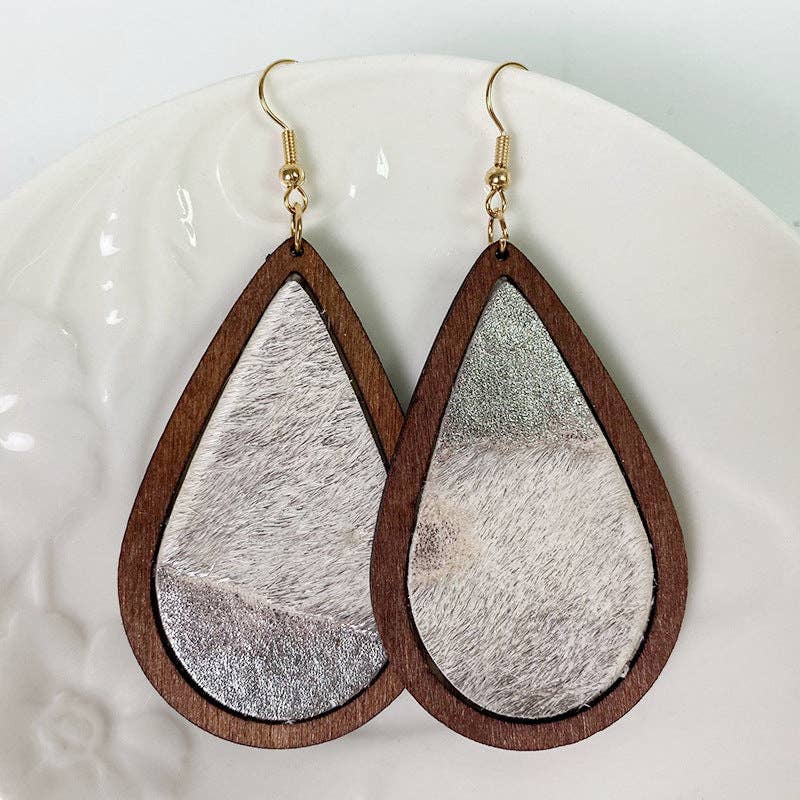 Leopard-print Horsehair Cowhide Wooden Drop Earrings - WJ: 2