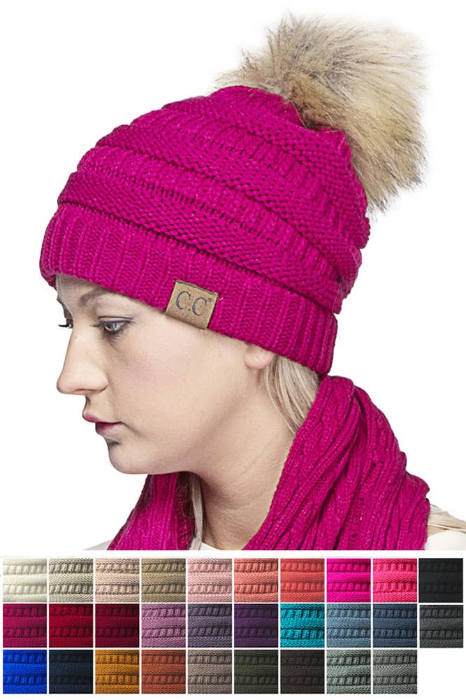 C.C Solid Ribbed Knit Beanie With Pom: Golden Walnut