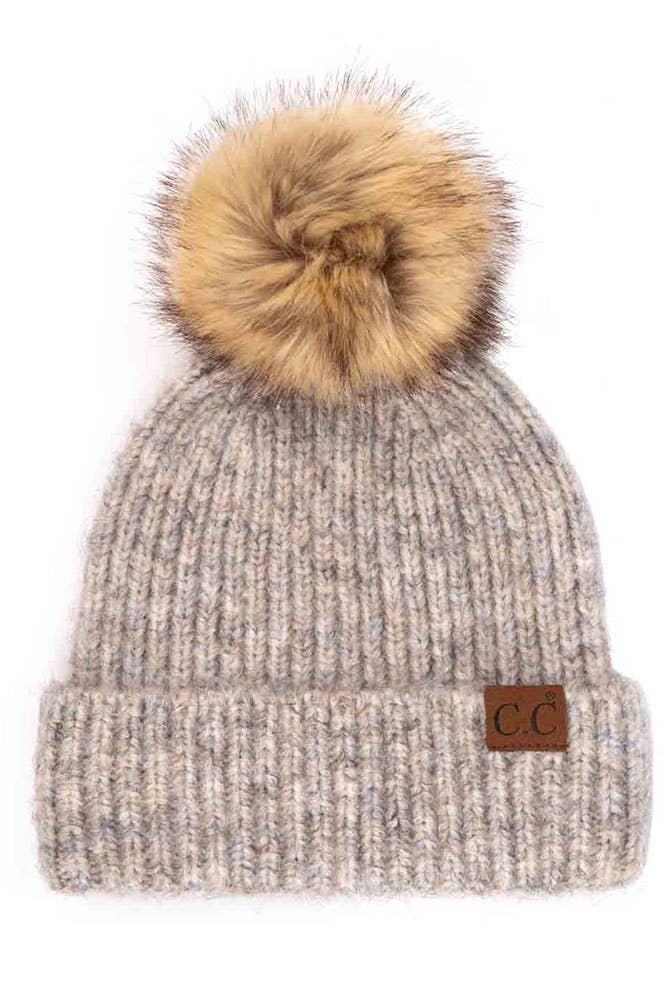 C.C Classic Rib Beanie with Faux Fur Pom Winter Hat: Aqua