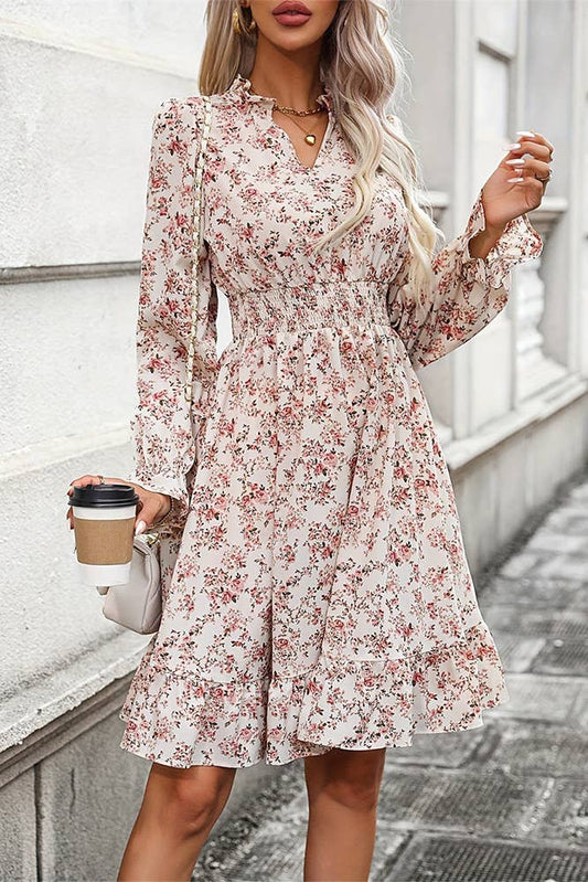 V Neck Long Sleeves Floral Ruffle Dress ZK2300: Multi / XL