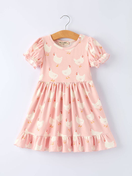 Farm Spring Chicken Print Girls Ruffle Dress: 5