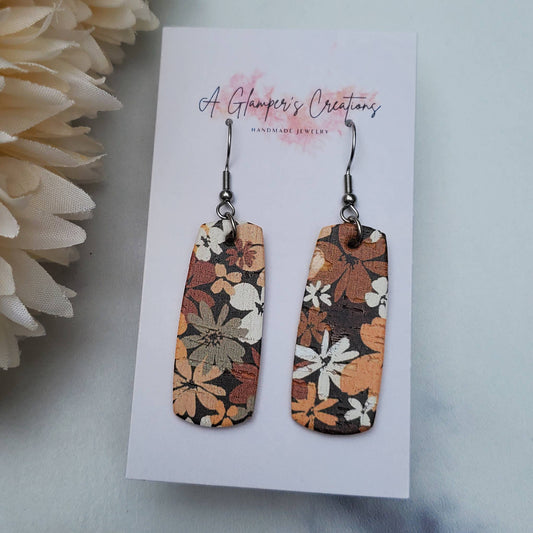 Fall Retro Brown Floral Mini Bar Leather Earrings