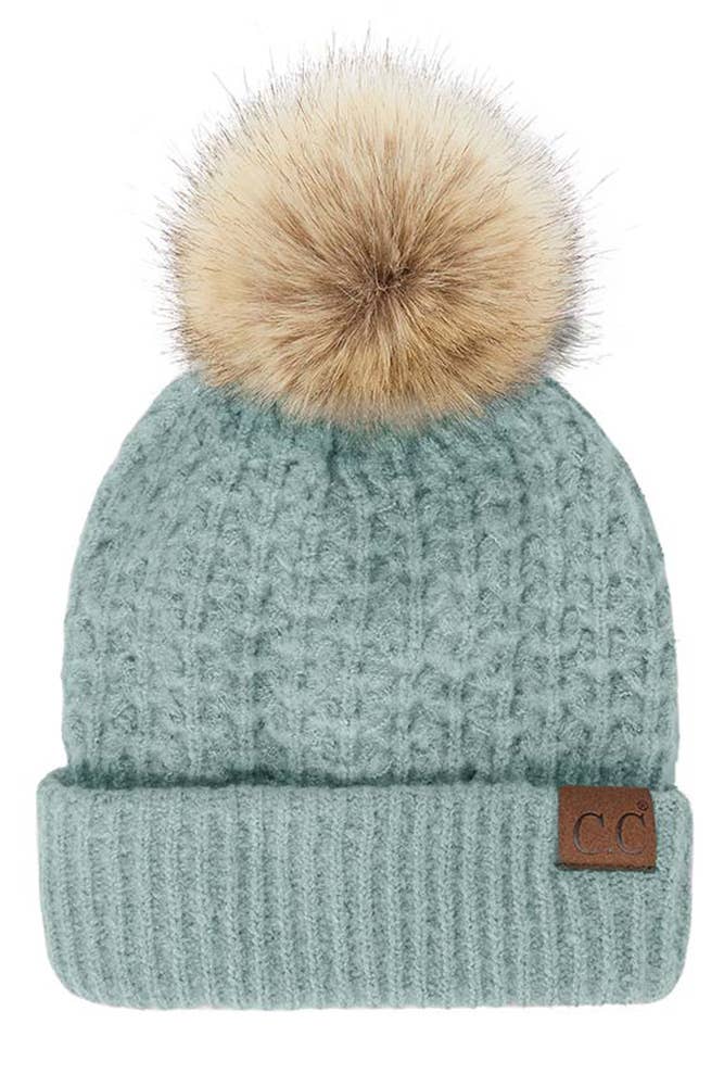 C.C Smocking Stitch Pattern Cuff Beanie with Pom Winter Hat: Beige