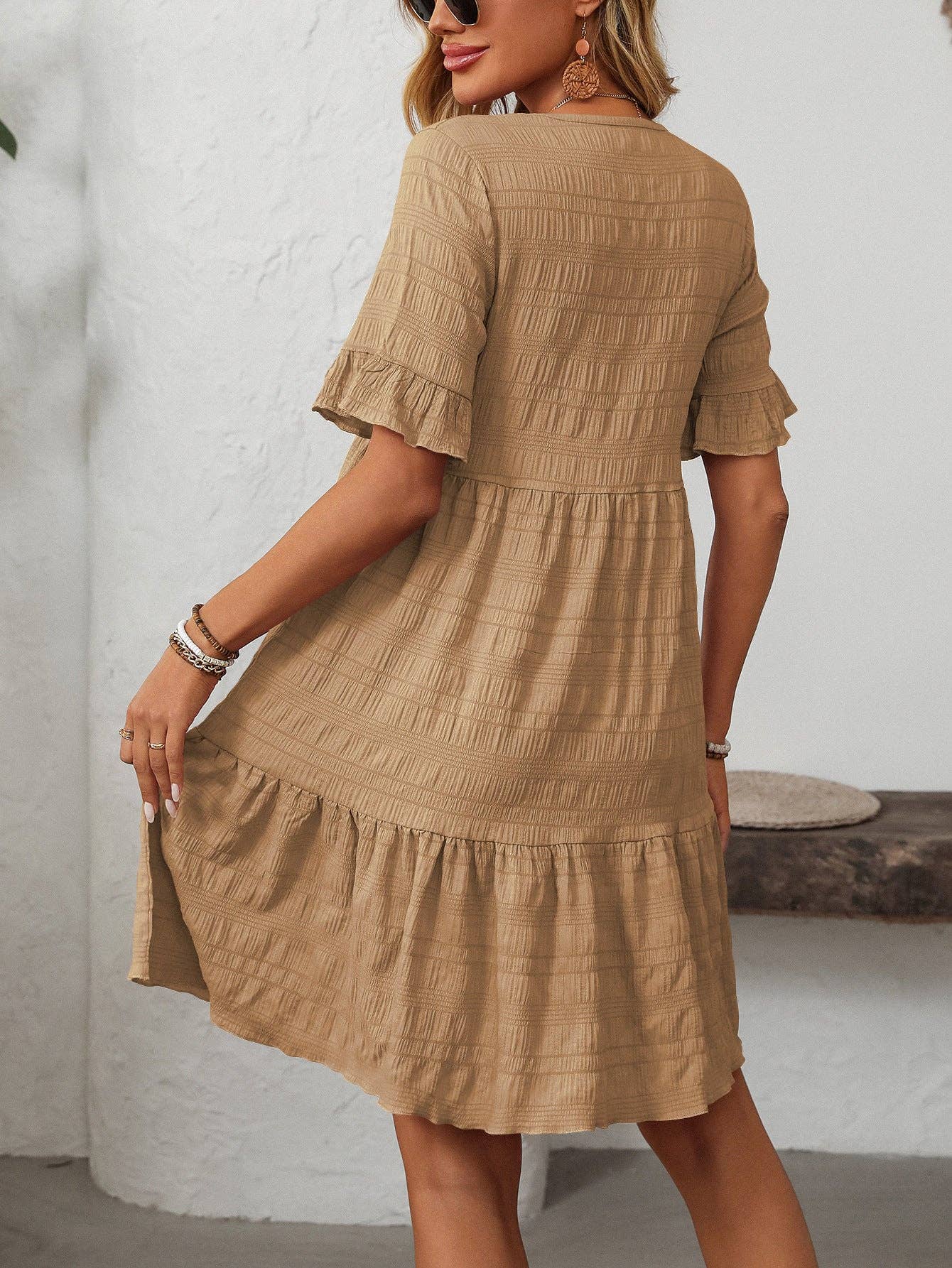 Women Ruffle Sleeve A Line Tiered Flowy Casual Trendy Mini Dress: Bean paste powder / 100% Polyester / S