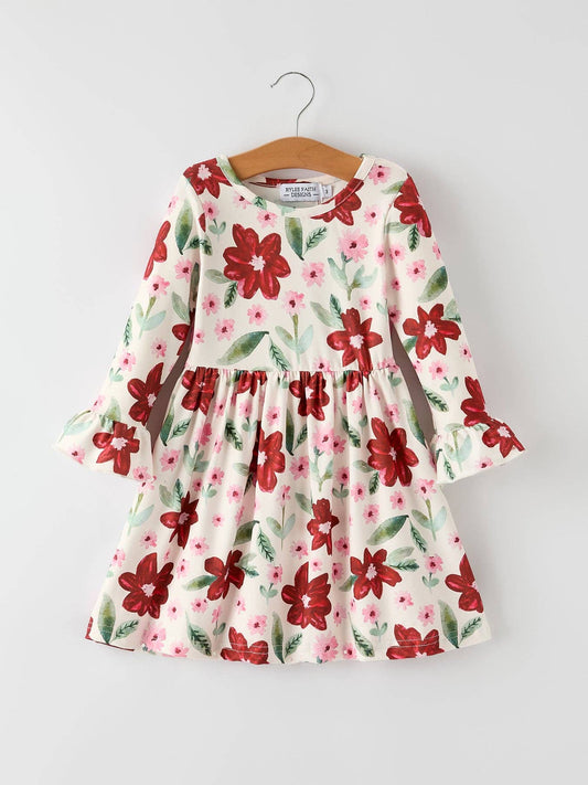 Christmas Girls' Long Sleeve Floral Dress – Red and Pink: 7