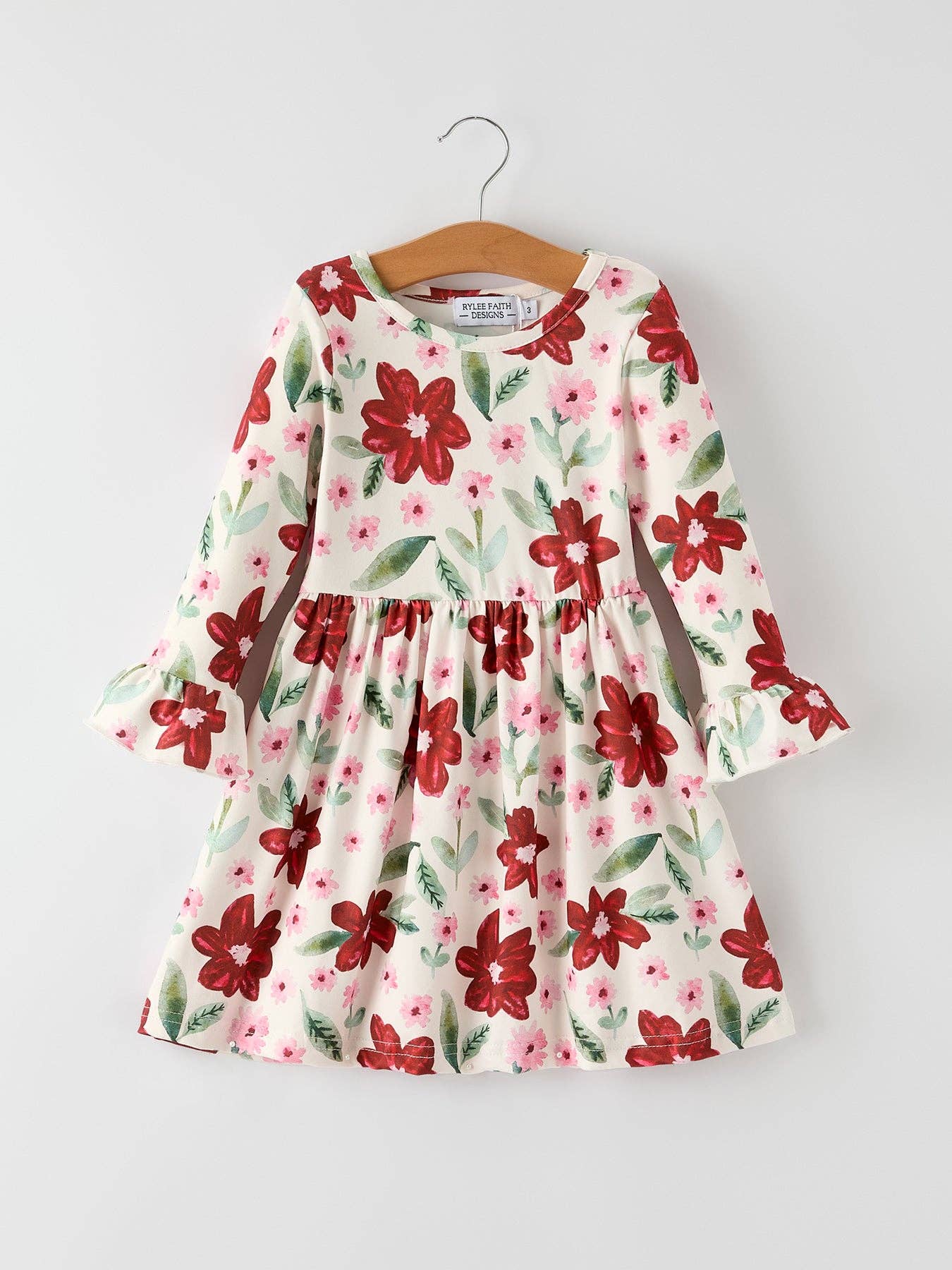 Christmas Girls' Long Sleeve Floral Dress – Red and Pink: 2