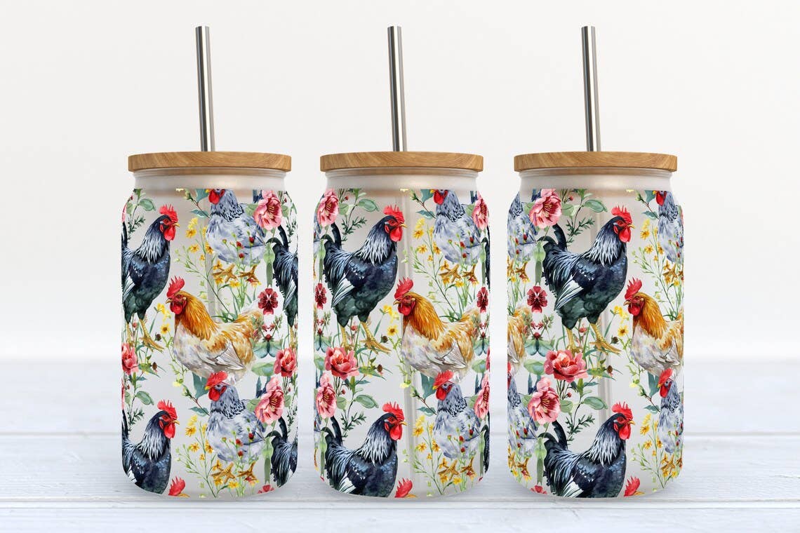 Chicken and Flowers 16oz Libbey Glass Frosted Tumbler