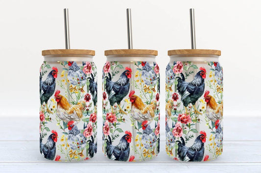 Chicken and Flowers 16oz Libbey Glass Frosted Tumbler
