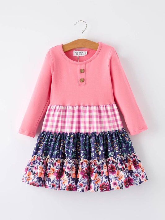 Pink Autumn Patchwork Floral & Plaid Long Sleeve Girls Dress: 4