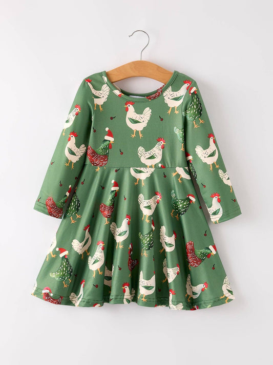 Christmas Farm Chicken Print Dress – Green, Long Sleeve: 5