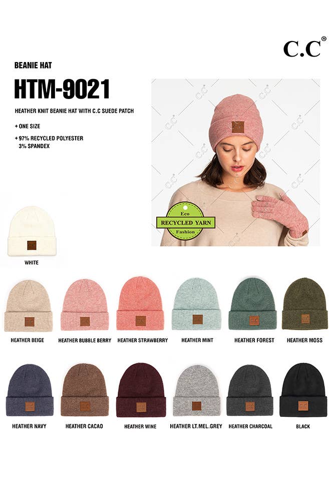 C.C Heather Knit Suede Patch Beanie Winter Hat: Beige