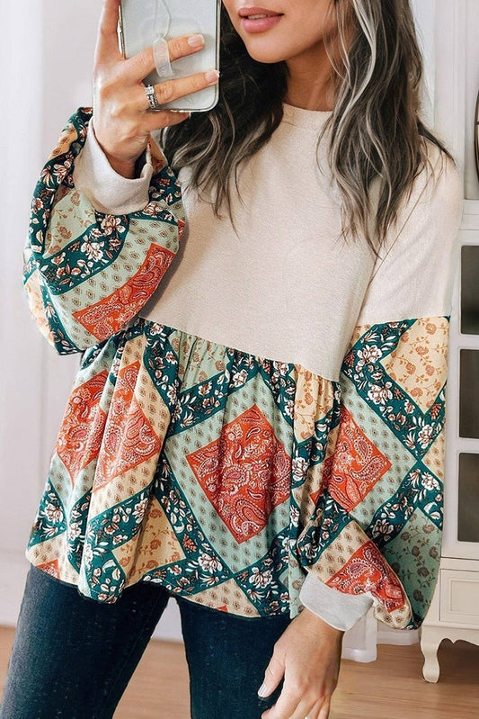Jet Stream Paisley Geometric Patchwork Crew Neck Loose Fit Top: Jet Stream / 85%Polyester+10%Cotton+5%Elastane / XL