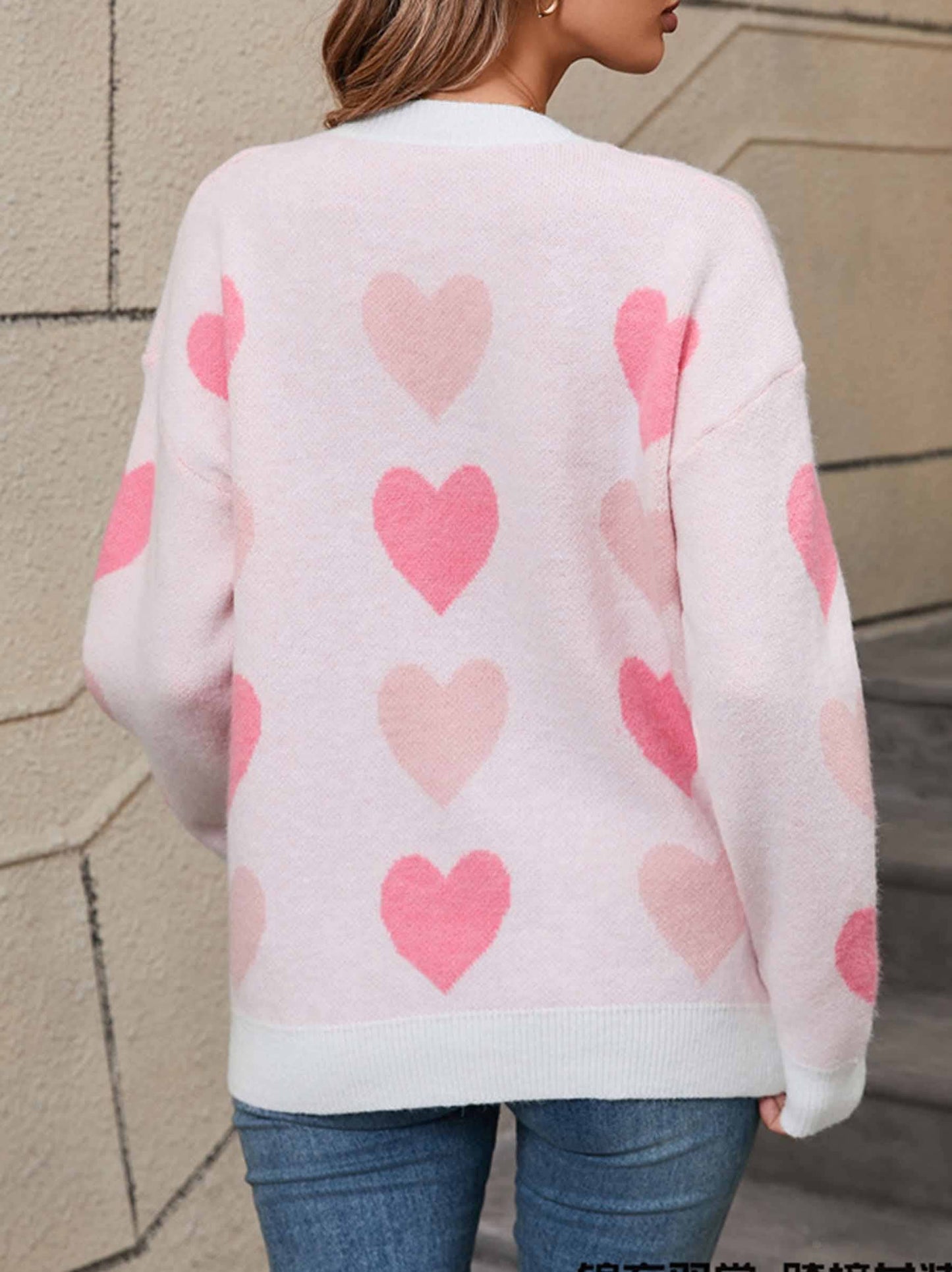 Round Neck Heart-shaped Pullover Sweater: Pink / XL