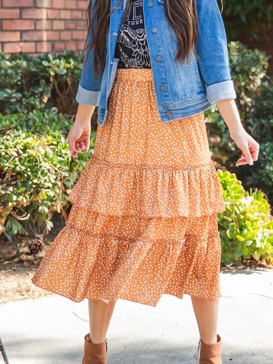 Ruffle Tiered Midi Raven Skirt: Dot Gold / Large