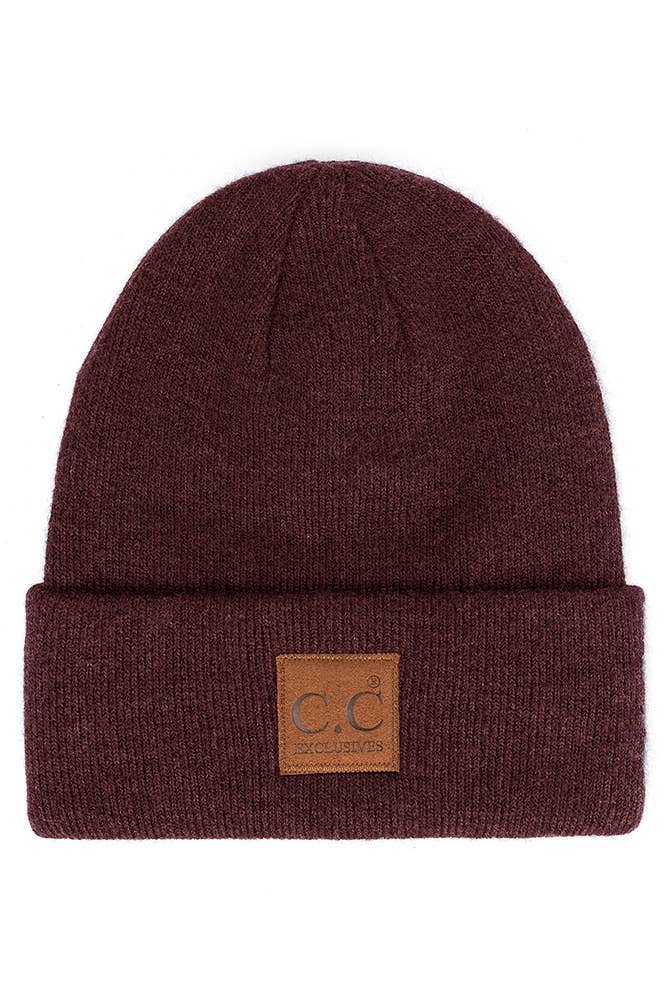 C.C Heather Knit Suede Patch Beanie Winter Hat: Beige