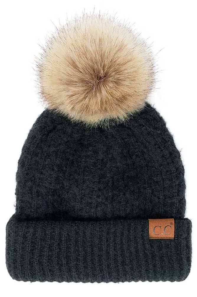 C.C Smocking Stitch Pattern Cuff Beanie with Pom Winter Hat: Beige