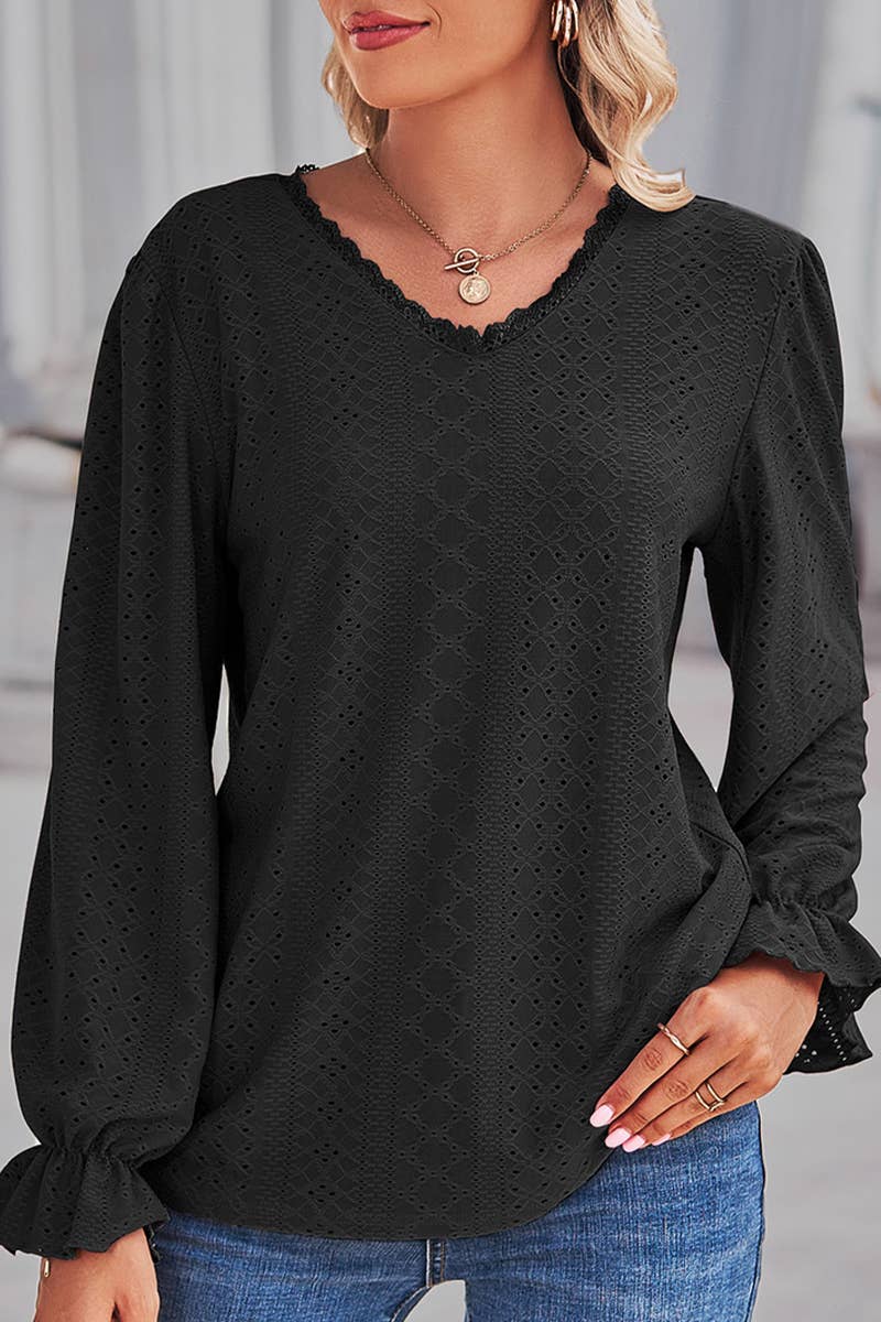 WOMEN LACE TRIM NECK EYELET LONG SLEEVE SHIRT TOP_CWTSTL0301: MAUVE / (XL) 1