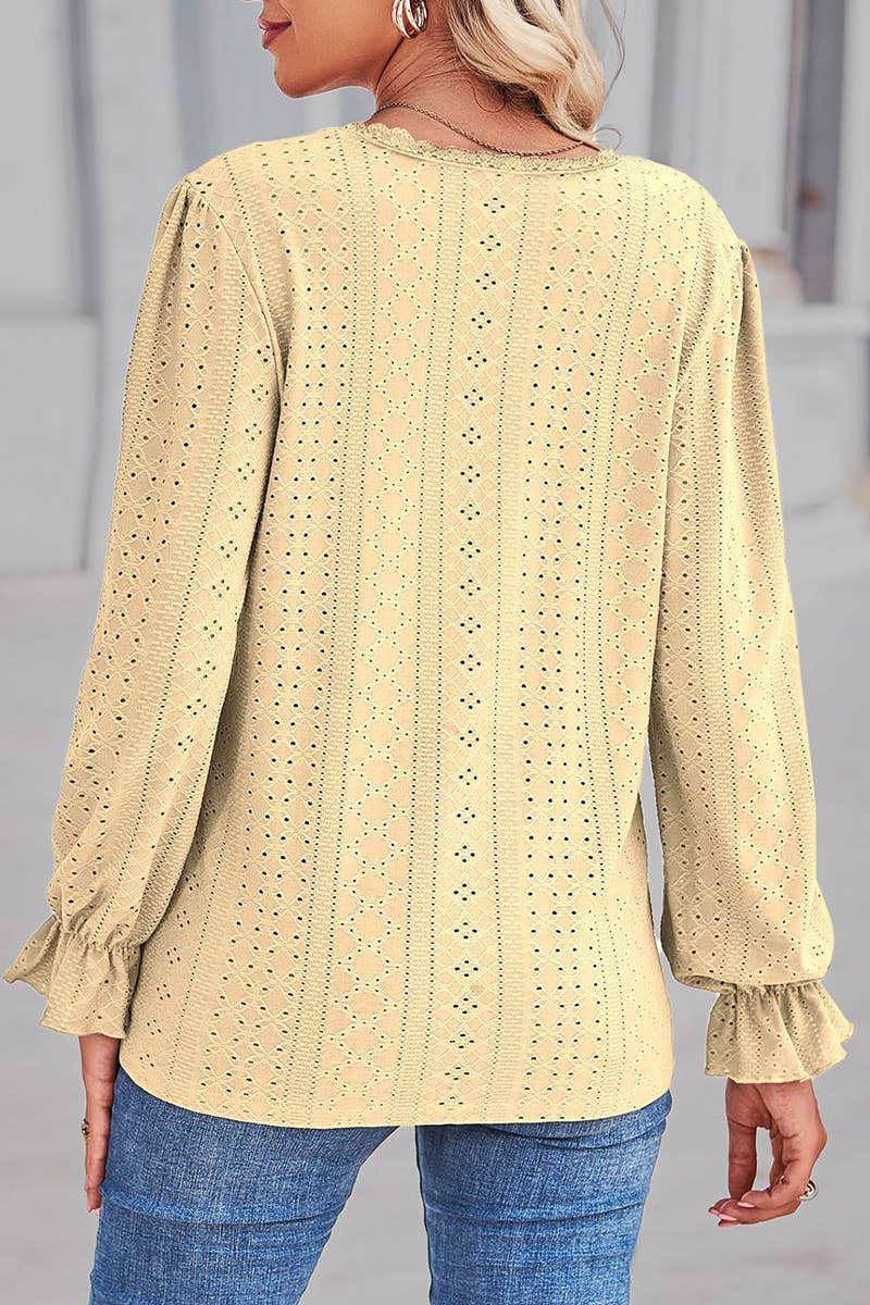 WOMEN LACE TRIM NECK EYELET LONG SLEEVE SHIRT TOP_CWTSTL0301: MAUVE / (L) 1