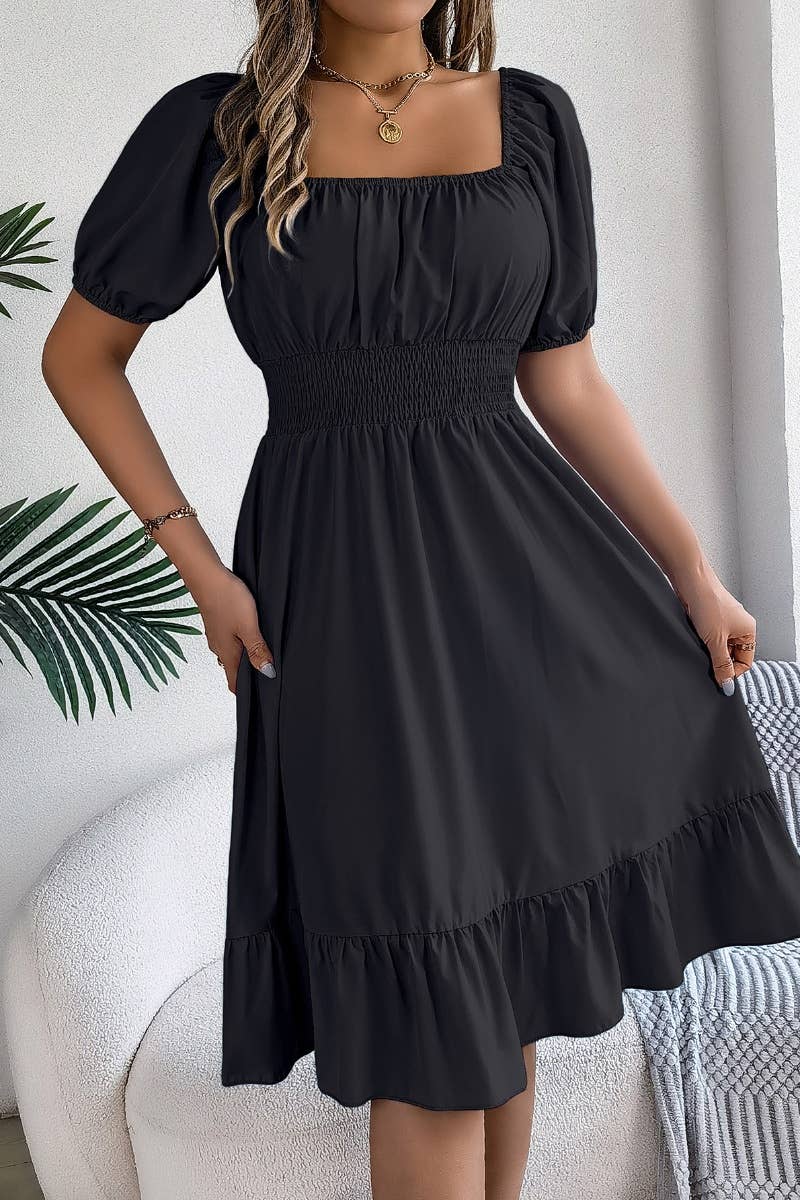 CWDSD4632_SQUARE NECK SHORT SLEEVE WAIST PEPLUM DRESS: KHAKI / (XL) 1
