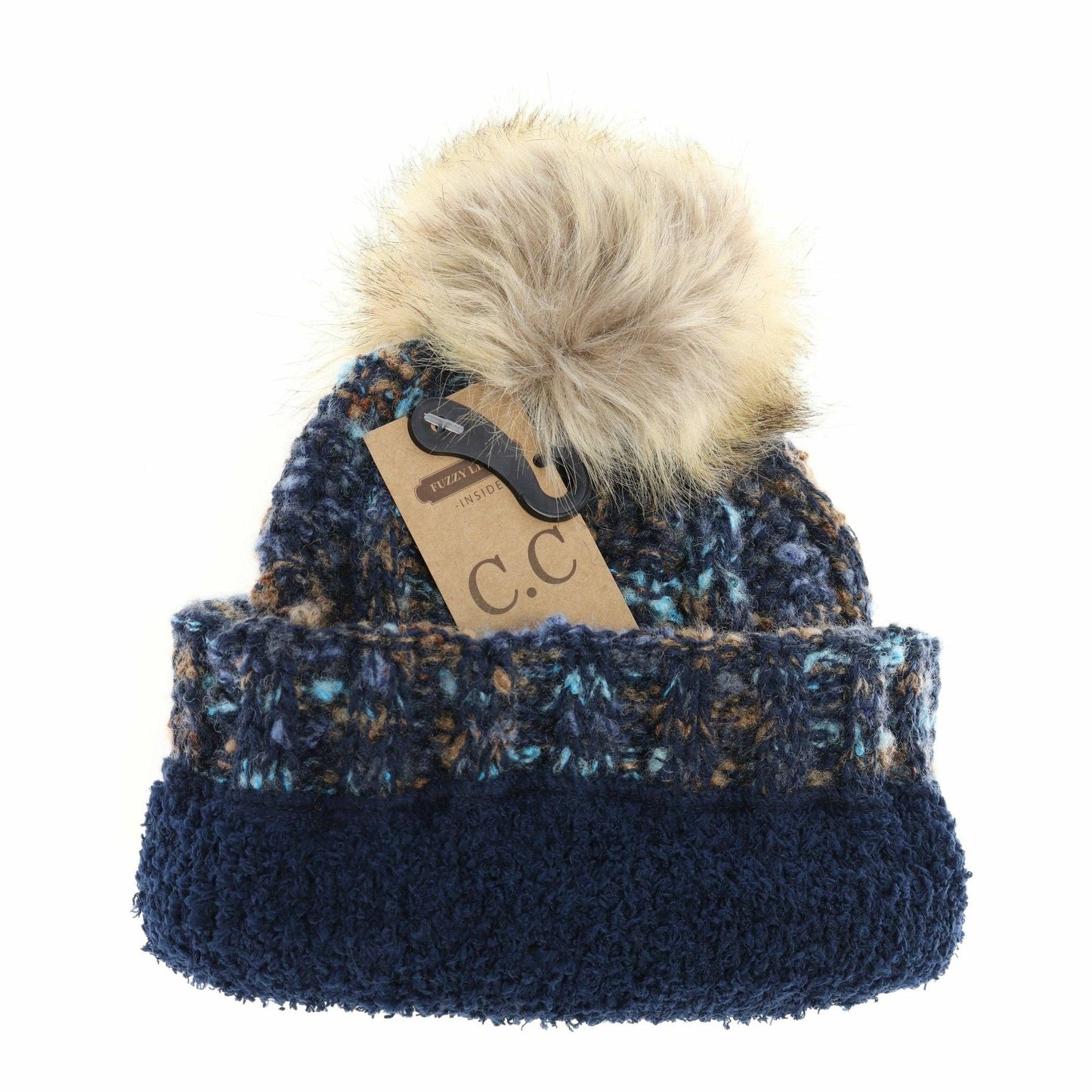 Fuzzy Lined Popcorn Confetti Fur Pom CC Beanie YJ824: Beige Multi