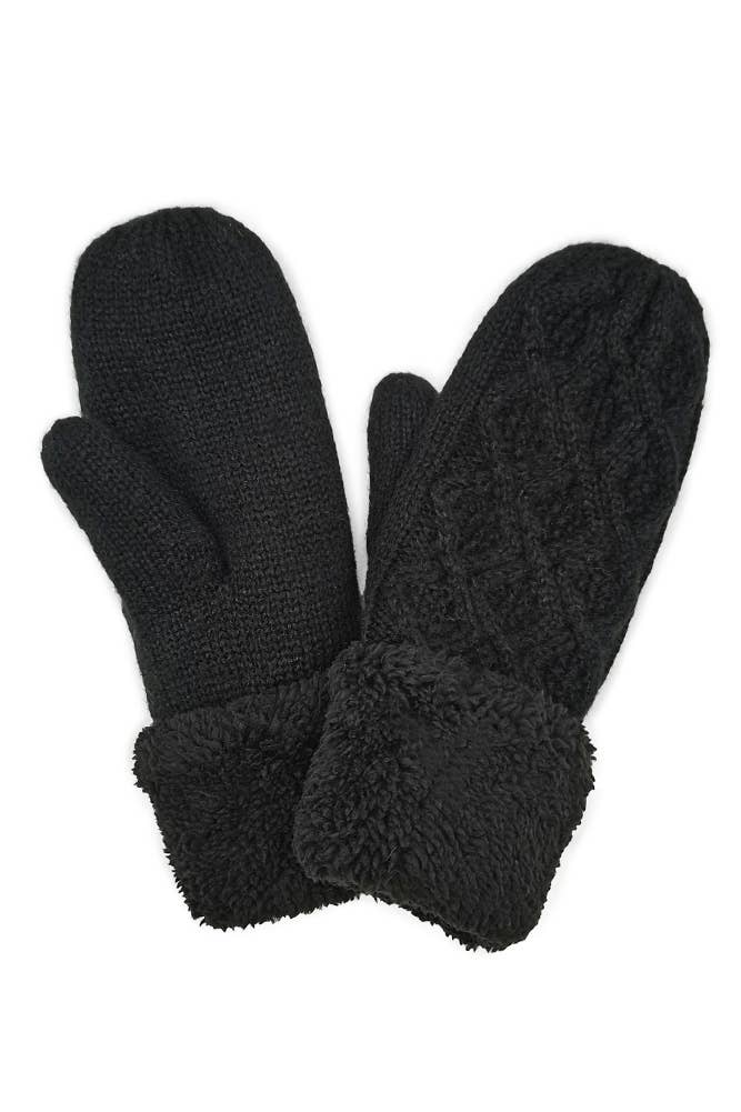 Cable Knit Sherpa Mittens: Gray