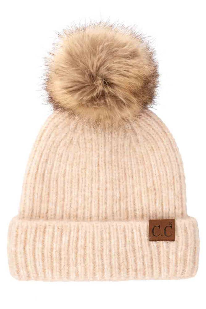 C.C Classic Rib Beanie with Faux Fur Pom Winter Hat: Iris