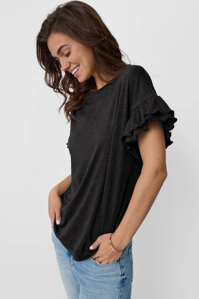 CWTBLS1620_SOLID COLOR ROUND NECK RUFFLE SLEEVE TOP: PEAGREEN / (M) 1